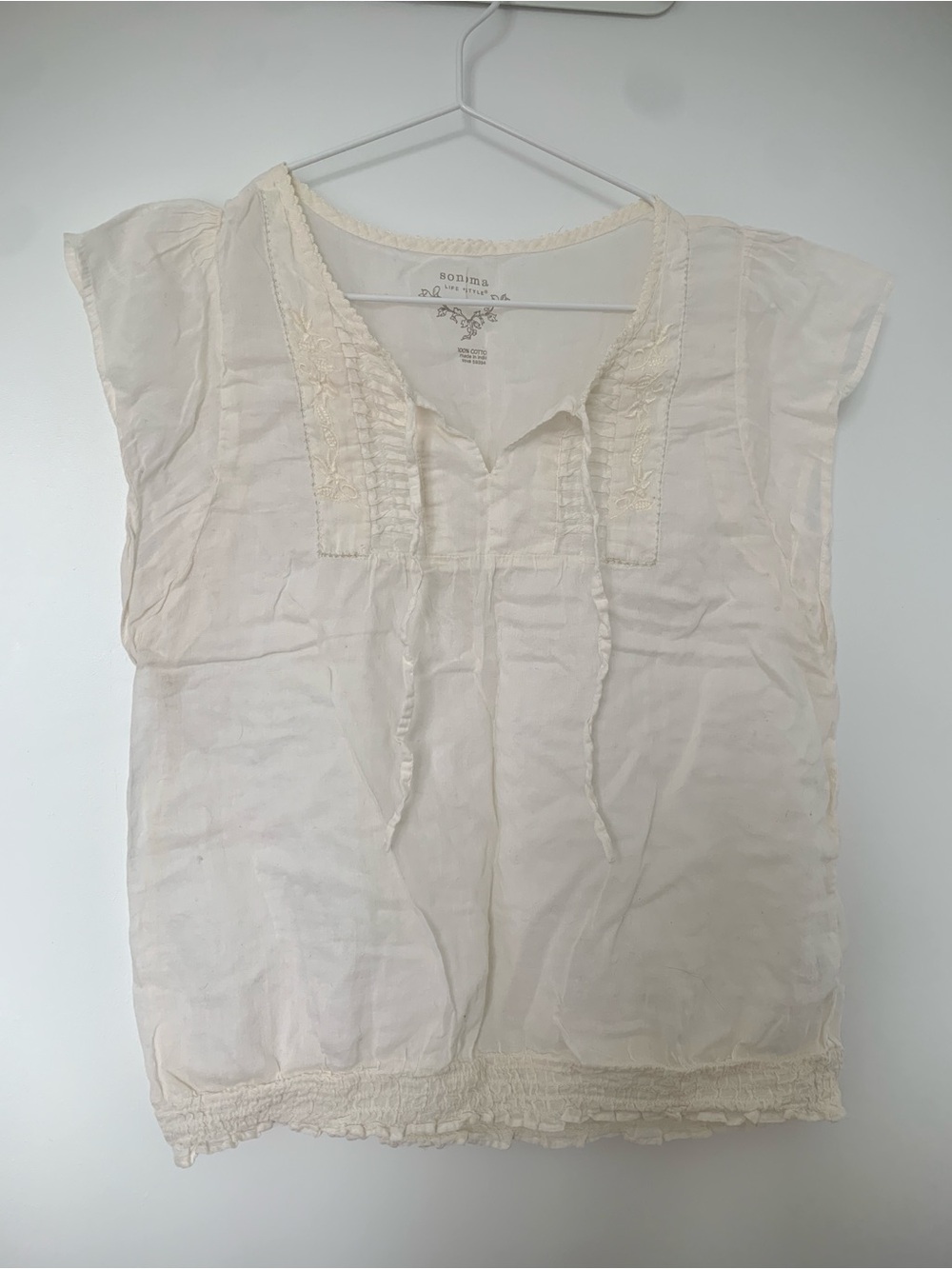 Cream 100%Cotton cottagecore Voile embroidered Peasant Top
